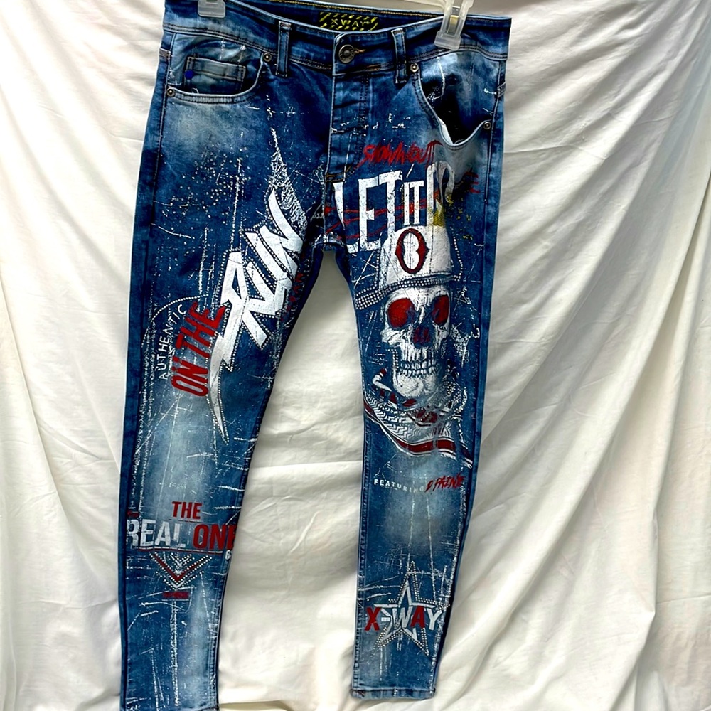 Xway faded diamond studded paint front skinny leg jeans sz 30